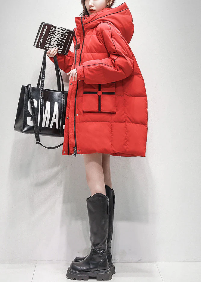 Red Zippered Pockets Duck Down Winter Coats Hooded - Image 3