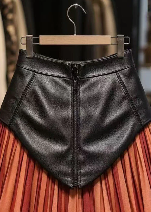 Red Zippered Tulle Patchwork Faux Leather Skirts High Waist - Image 3