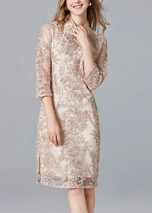 Retro Apricot Stand Collar Embroidered Slim Fit Dress Summer - Image 2