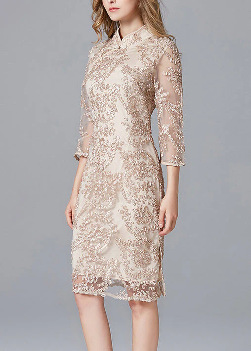 Retro Apricot Stand Collar Embroidered Slim Fit Dress Summer - Image 3