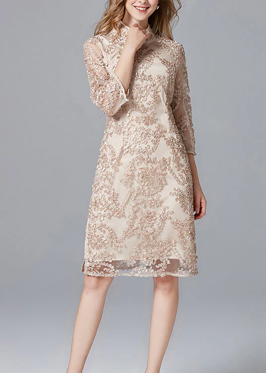 Retro Apricot Stand Collar Embroidered Slim Fit Dress Summer - Image 4