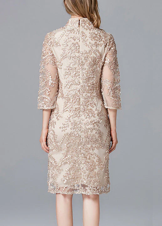 Retro Apricot Stand Collar Embroidered Slim Fit Dress Summer - Image 5