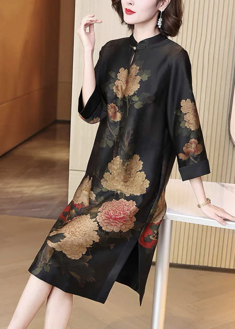 Retro Black Stand Collar Print Patchwork Silk Dresses Summer - Image 2