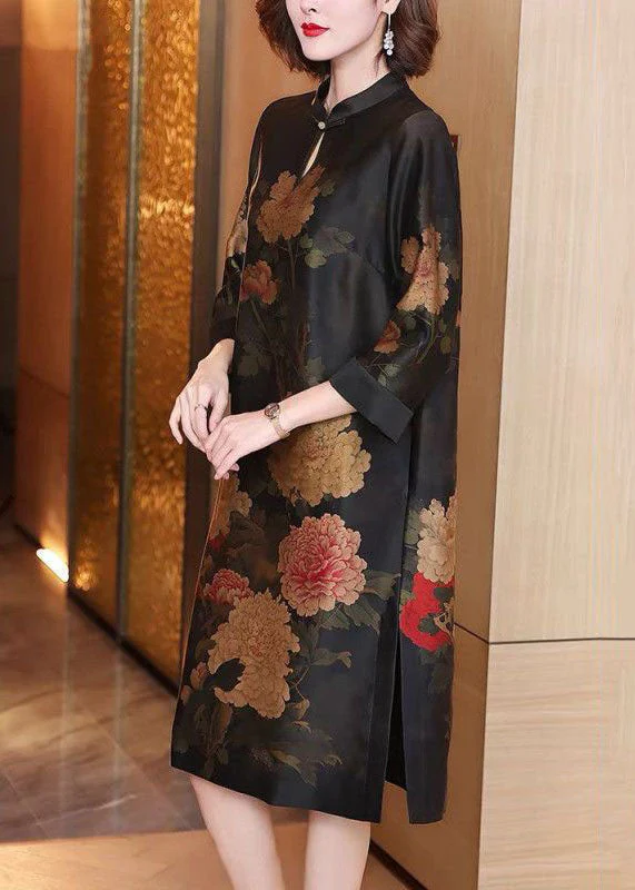 Retro Black Stand Collar Print Patchwork Silk Dresses Summer - Image 3