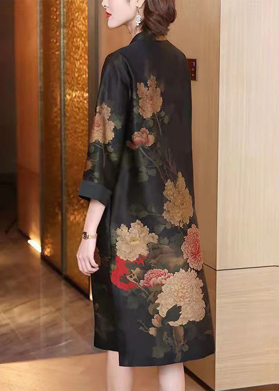 Retro Black Stand Collar Print Patchwork Silk Dresses Summer - Image 4