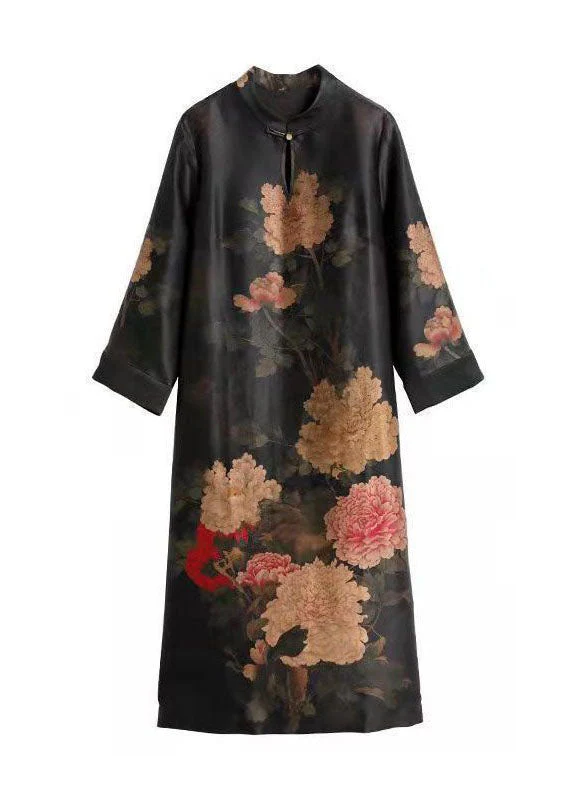 Retro Black Stand Collar Print Patchwork Silk Dresses Summer - Image 5