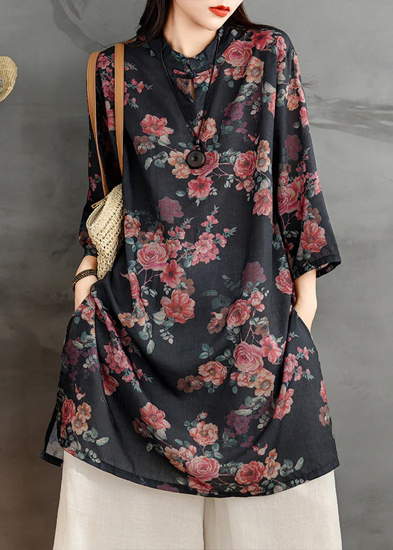 Retro Black Stand Collar Print Side Open Linen Shirts Dress Summer