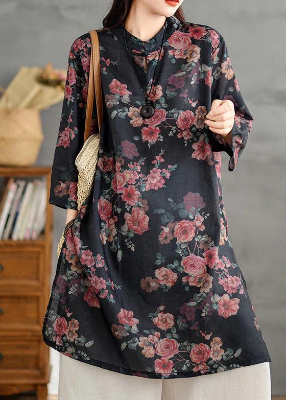 Retro Black Stand Collar Print Side Open Linen Shirts Dress Summer - Image 2