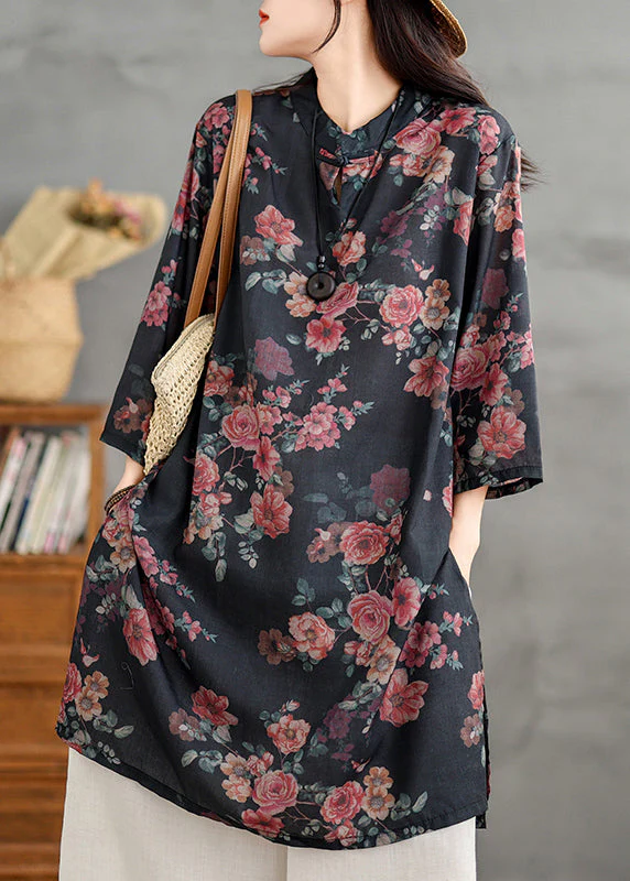Retro Black Stand Collar Print Side Open Linen Shirts Dress Summer - Image 3