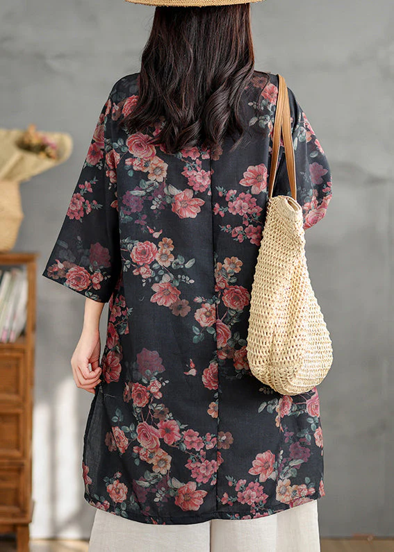Retro Black Stand Collar Print Side Open Linen Shirts Dress Summer - Image 4
