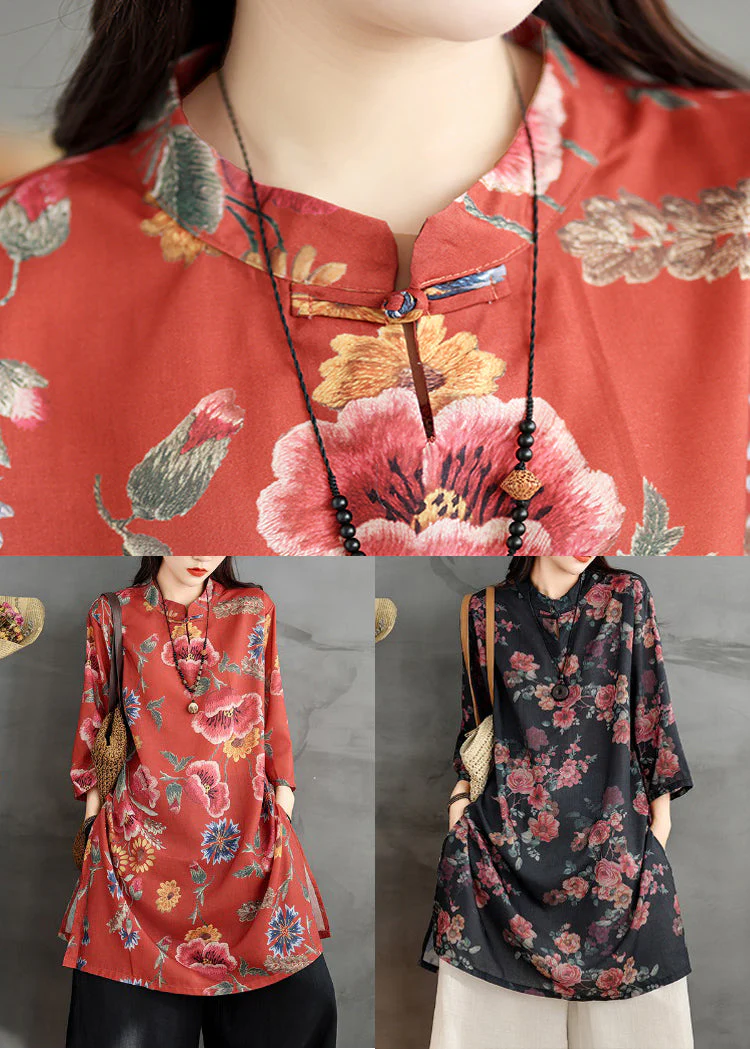 Retro Black Stand Collar Print Side Open Linen Shirts Dress Summer - Image 5