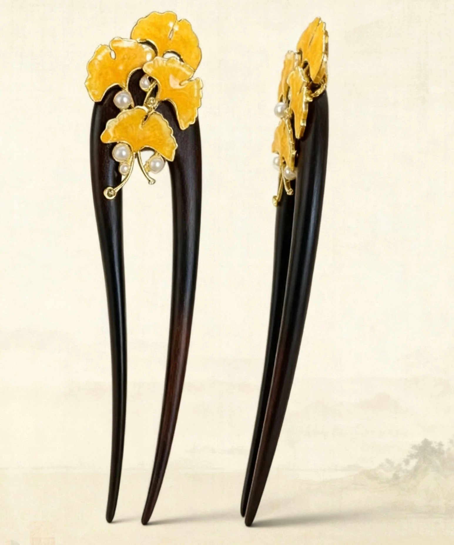 Retro Black Wooden Pearl Floral U-Shaped Hairpin - Image 3