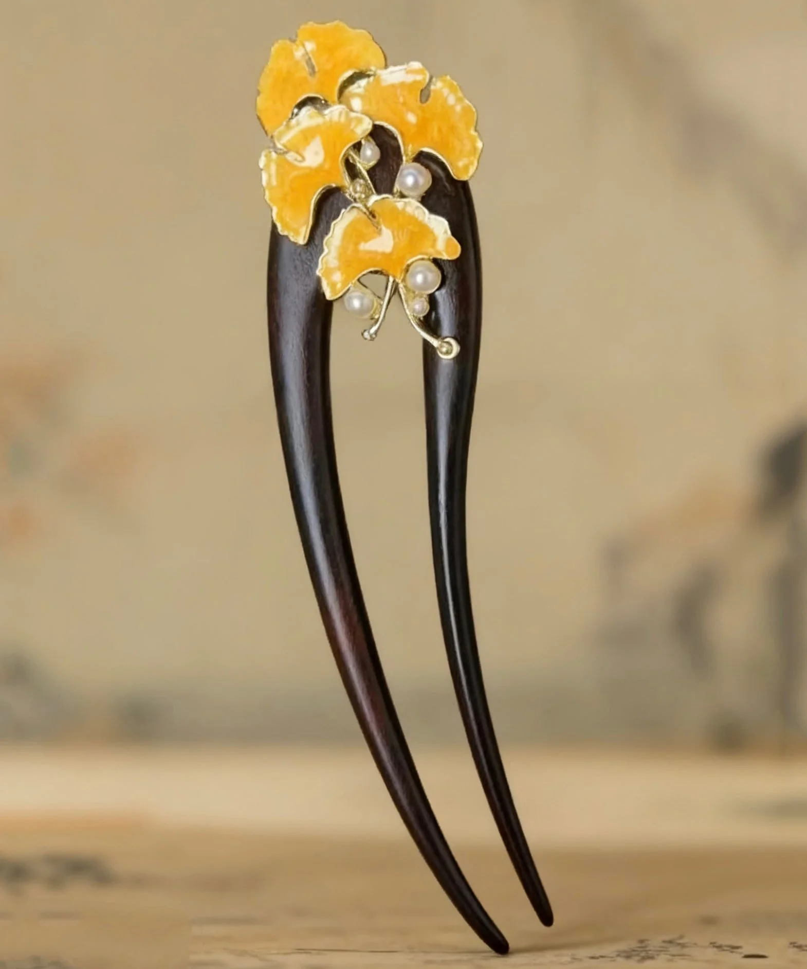 Retro Black Wooden Pearl Floral U-Shaped Hairpin - Image 4