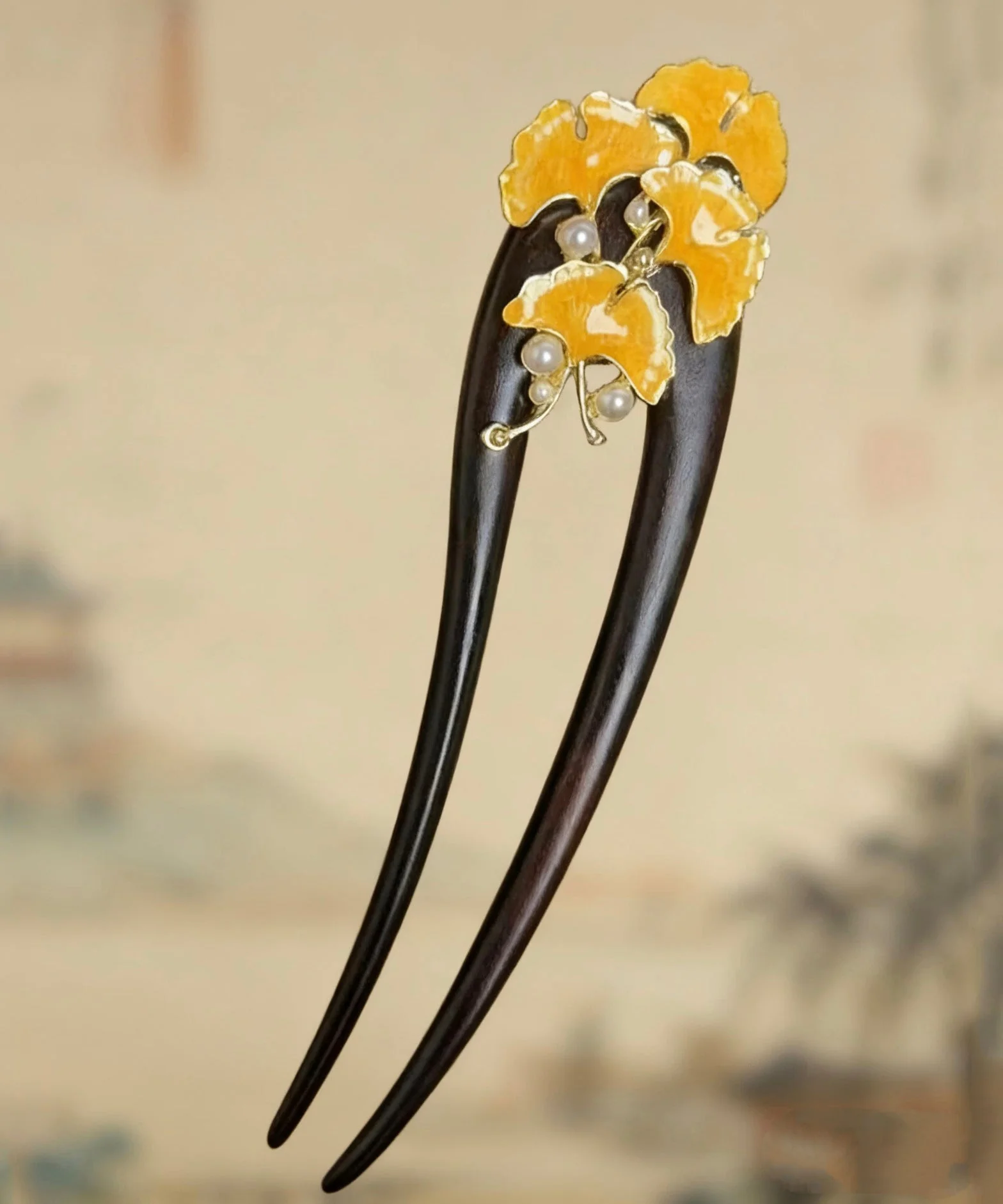 Retro Black Wooden Pearl Floral U-Shaped Hairpin - Image 5