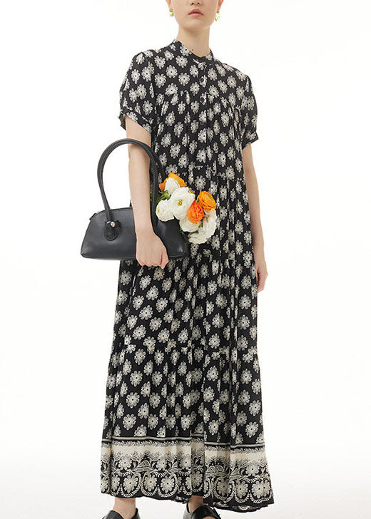 Retro Black Wrinkled Print Patchwork Long Chiffon Dress Summer - Image 2