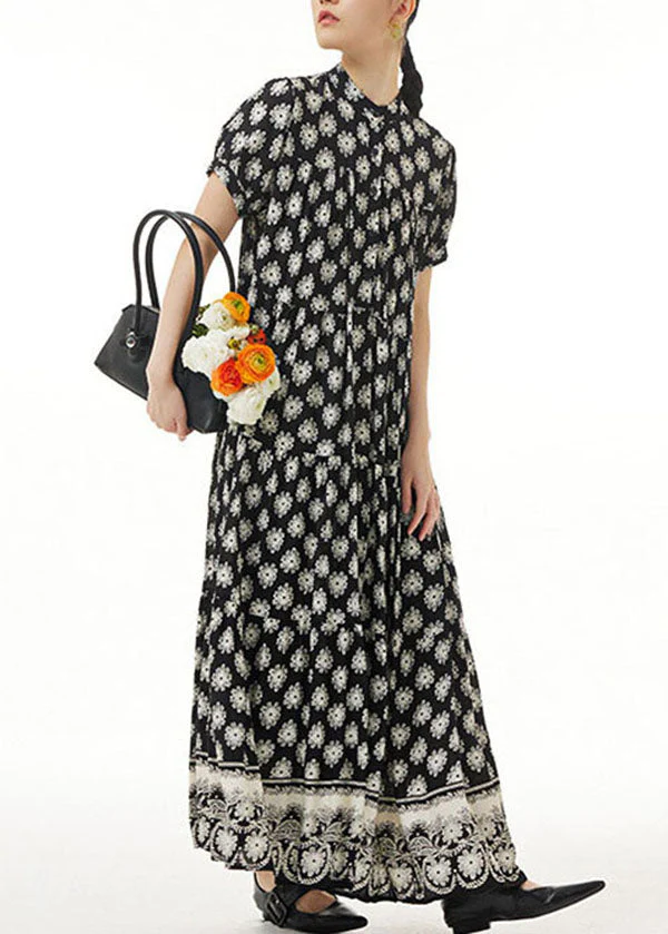 Retro Black Wrinkled Print Patchwork Long Chiffon Dress Summer - Image 3