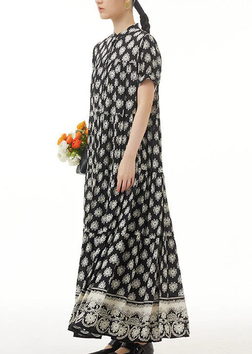Retro Black Wrinkled Print Patchwork Long Chiffon Dress Summer - Image 4