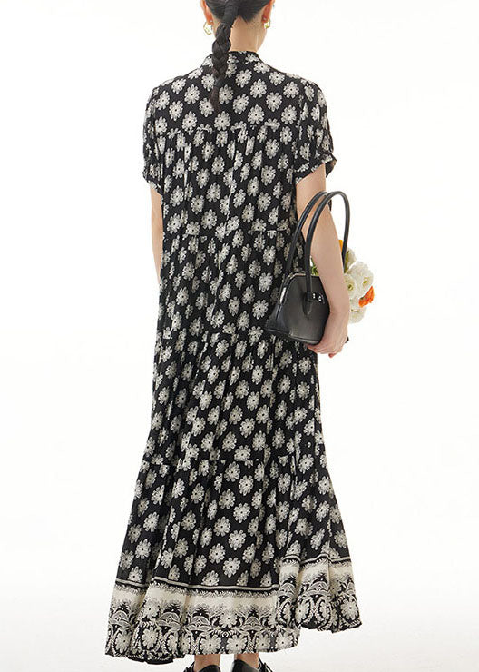 Retro Black Wrinkled Print Patchwork Long Chiffon Dress Summer - Image 5