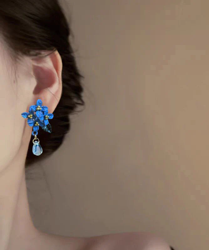 Retro Blue Alloy Acrylic Floral Crystal Water Droplet Drop Earrings - Image 3