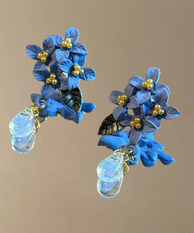 Retro Blue Alloy Acrylic Floral Crystal Water Droplet Drop Earrings - Image 4
