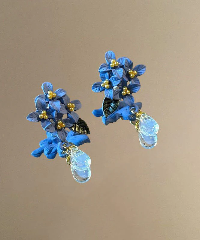 Retro Blue Alloy Acrylic Floral Crystal Water Droplet Drop Earrings - Image 5