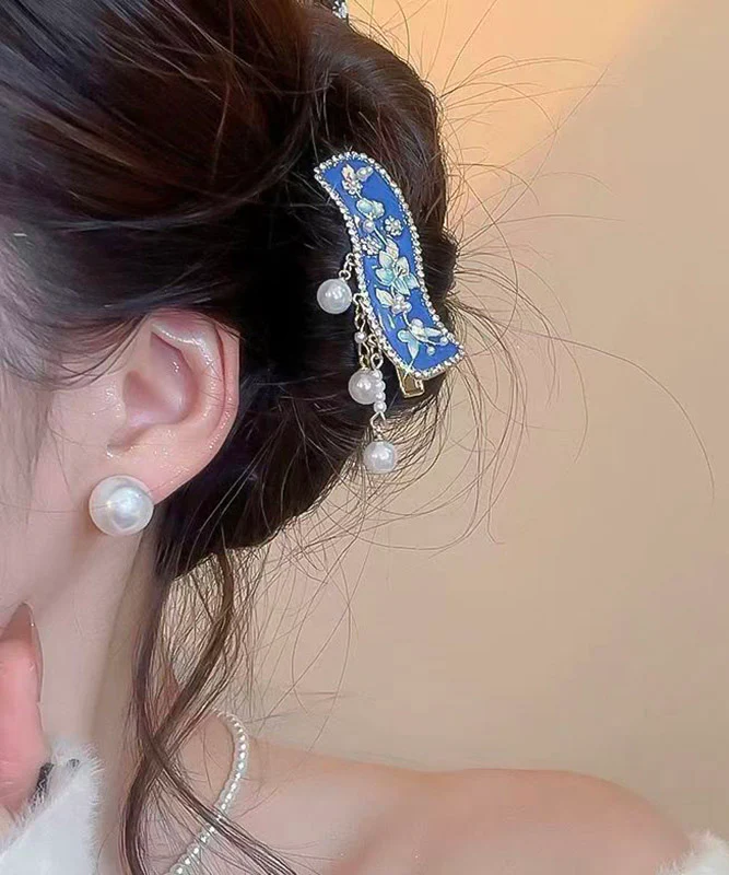 Retro Blue Alloy Floral Dripping Glaze Pearl Tassel Hairpin - Image 3