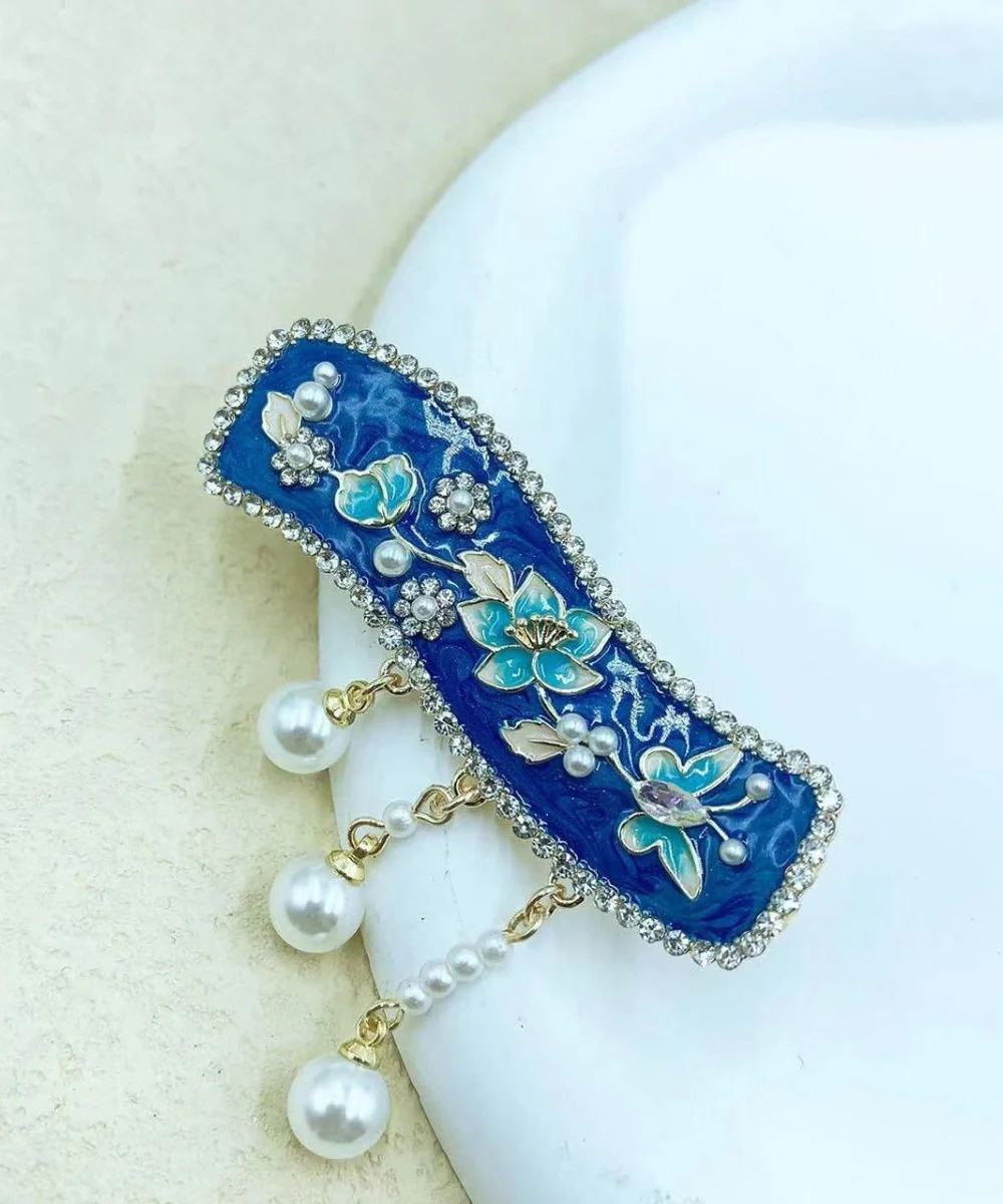 Retro Blue Alloy Floral Dripping Glaze Pearl Tassel Hairpin - Image 4