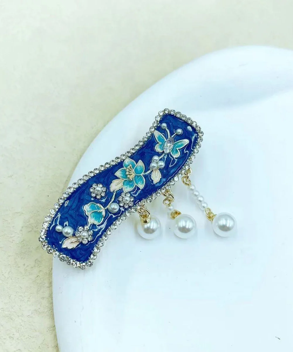 Retro Blue Alloy Floral Dripping Glaze Pearl Tassel Hairpin - Image 5