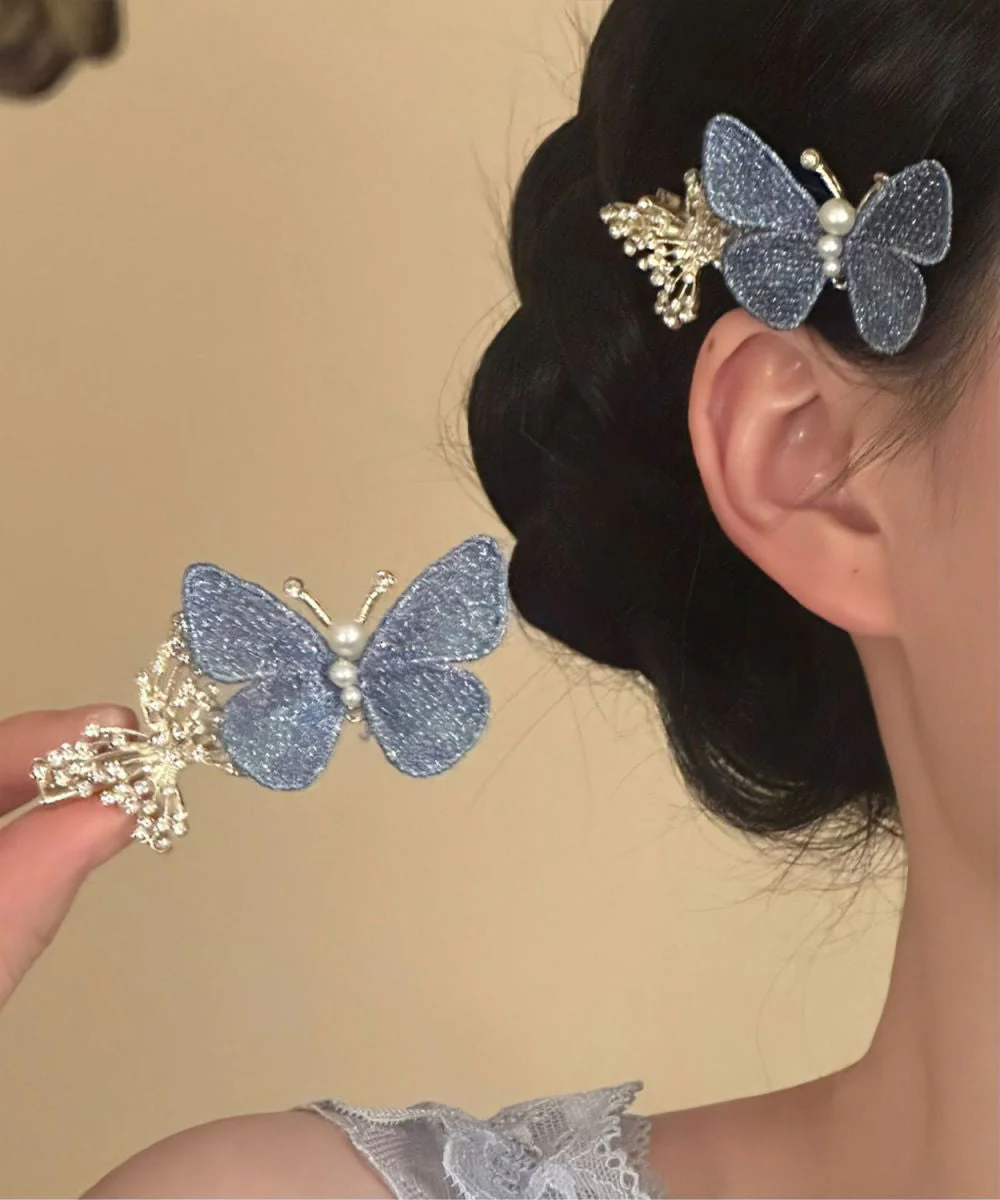 Retro Blue Alloy Zircon Butterfly Pearl A Pair Hairpin - Image 3