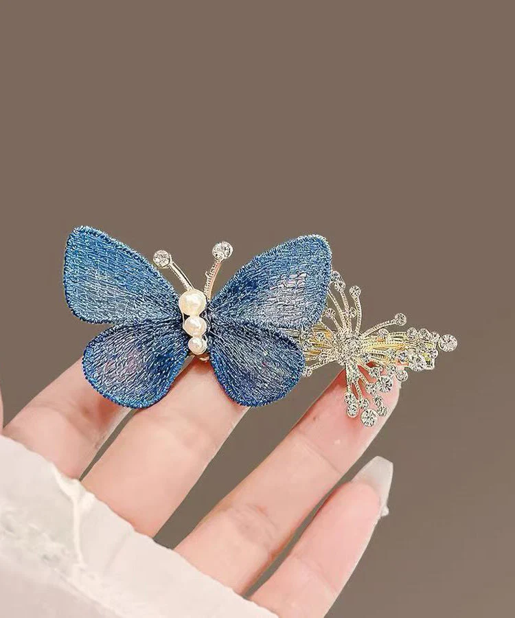 Retro Blue Alloy Zircon Butterfly Pearl A Pair Hairpin - Image 4
