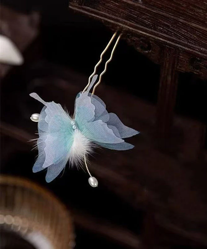 Retro Blue Copper Alloy Pearl Butterfly Fuzzy Ball A Pair Hairpin - Image 2