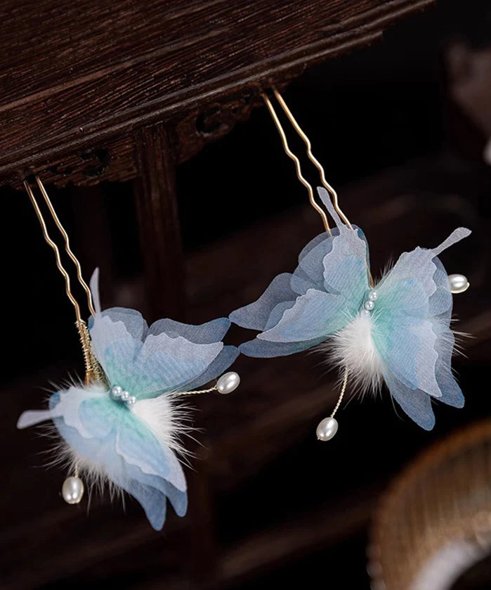 Retro Blue Copper Alloy Pearl Butterfly Fuzzy Ball A Pair Hairpin - Image 3