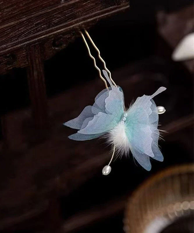 Retro Blue Copper Alloy Pearl Butterfly Fuzzy Ball A Pair Hairpin - Image 4