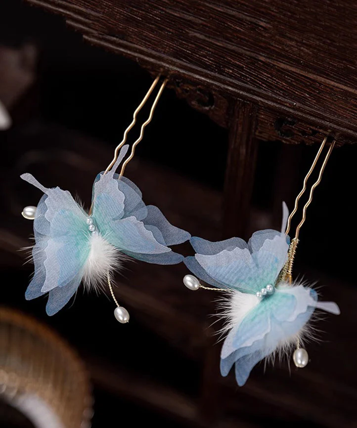 Retro Blue Copper Alloy Pearl Butterfly Fuzzy Ball A Pair Hairpin - Image 5