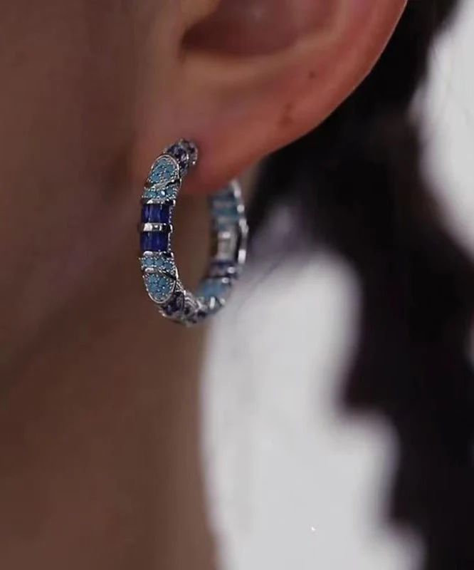 Retro Blue Copper Overgild Cloisonne Dripping Glaze Hoop Earrings - Image 2