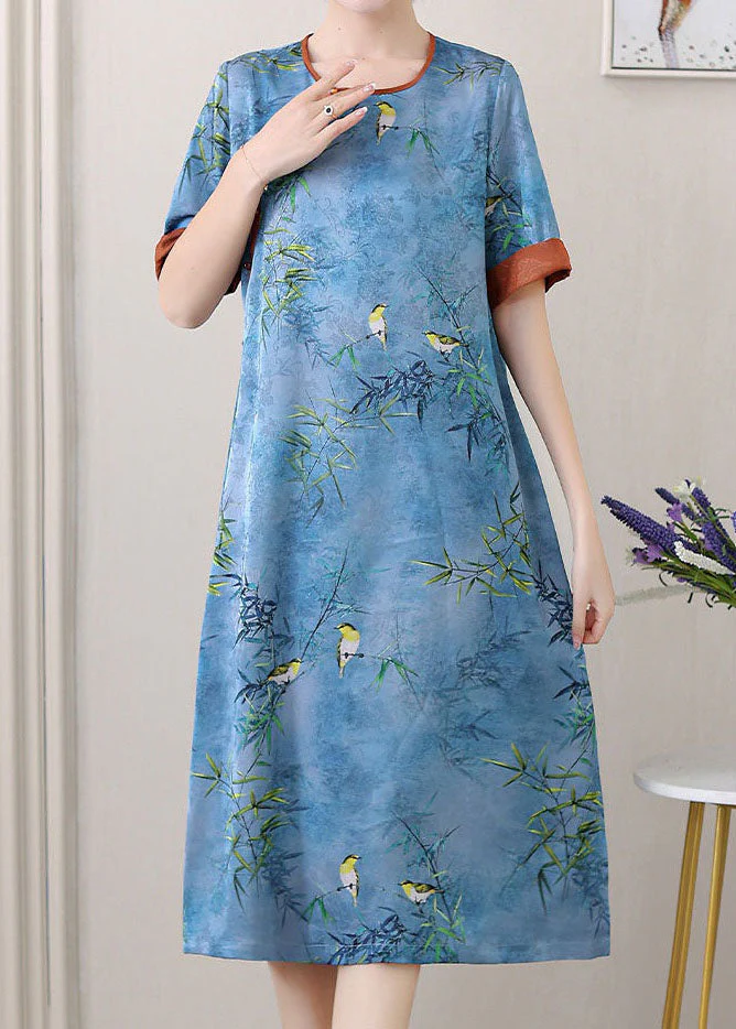 Retro Blue O-Neck Jacquard Side Open Patchwork Silk Mid Dress Summer - Image 3