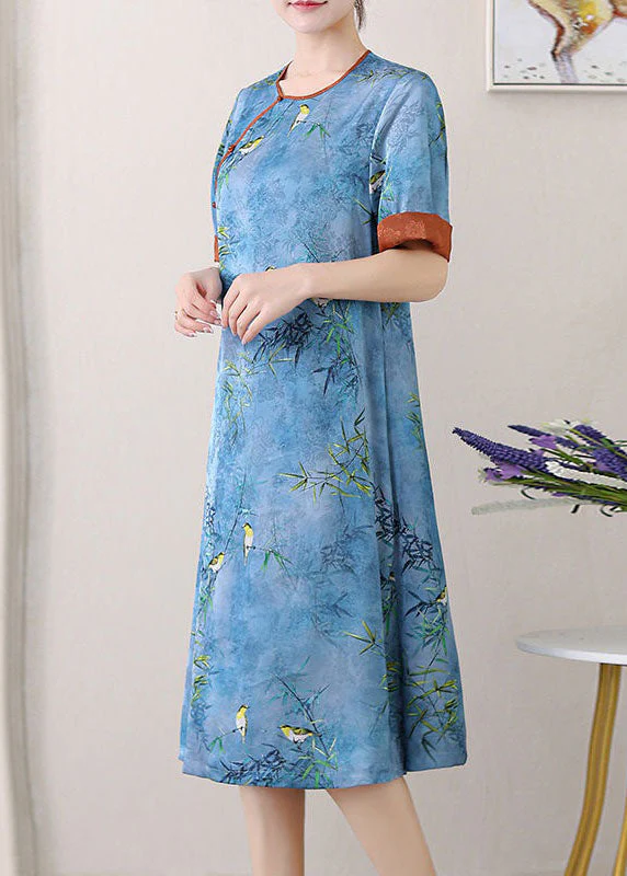 Retro Blue O-Neck Jacquard Side Open Patchwork Silk Mid Dress Summer - Image 4