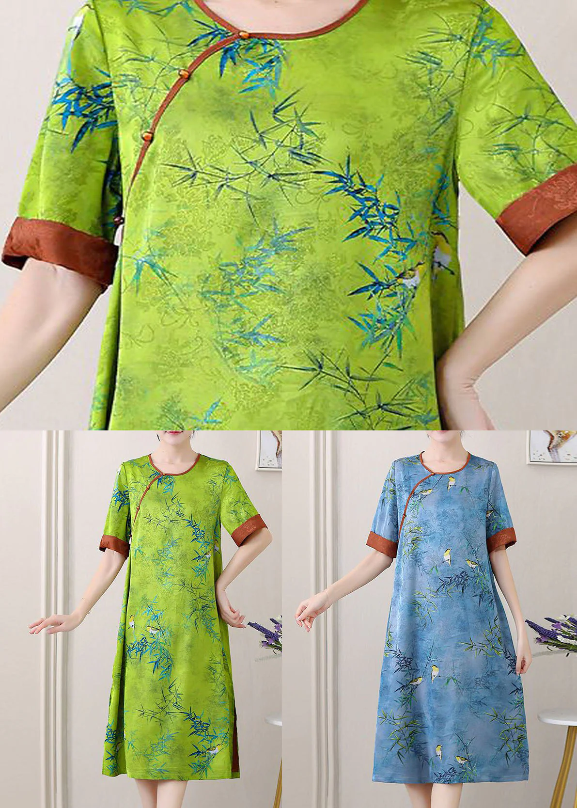 Retro Blue O-Neck Jacquard Side Open Patchwork Silk Mid Dress Summer - Image 5