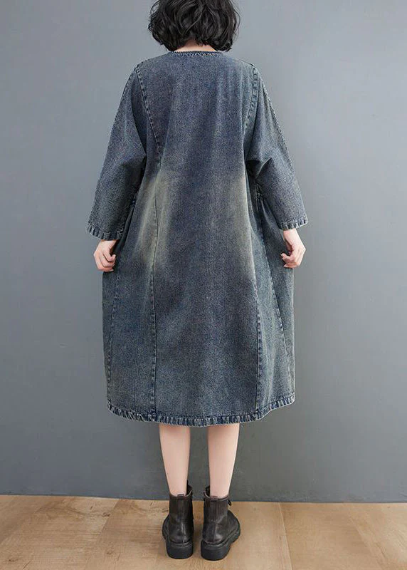Retro Blue O-Neck Patchwork Button Pockets Cotton Denim Dresses Long Sleeve - Image 5