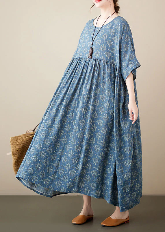 Retro Blue O-Neck Print Cotton Long Dresses Short Sleeve - Image 2