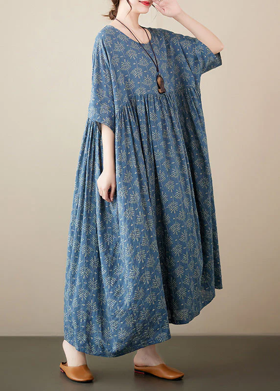 Retro Blue O-Neck Print Cotton Long Dresses Short Sleeve - Image 3