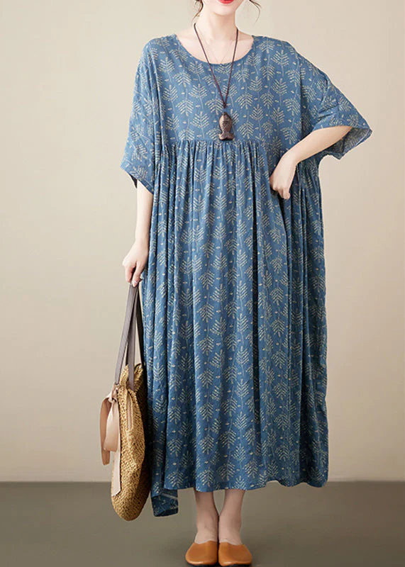 Retro Blue O-Neck Print Cotton Long Dresses Short Sleeve - Image 4