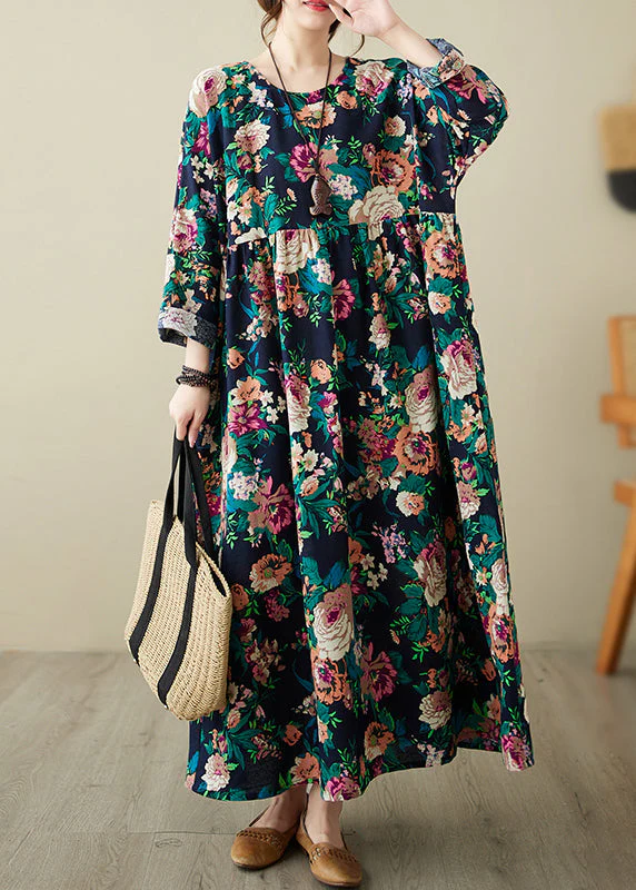 Retro Blue O-Neck Print Pockets Long Dress Spring - Image 2