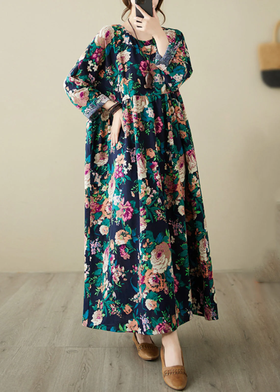 Retro Blue O-Neck Print Pockets Long Dress Spring - Image 3