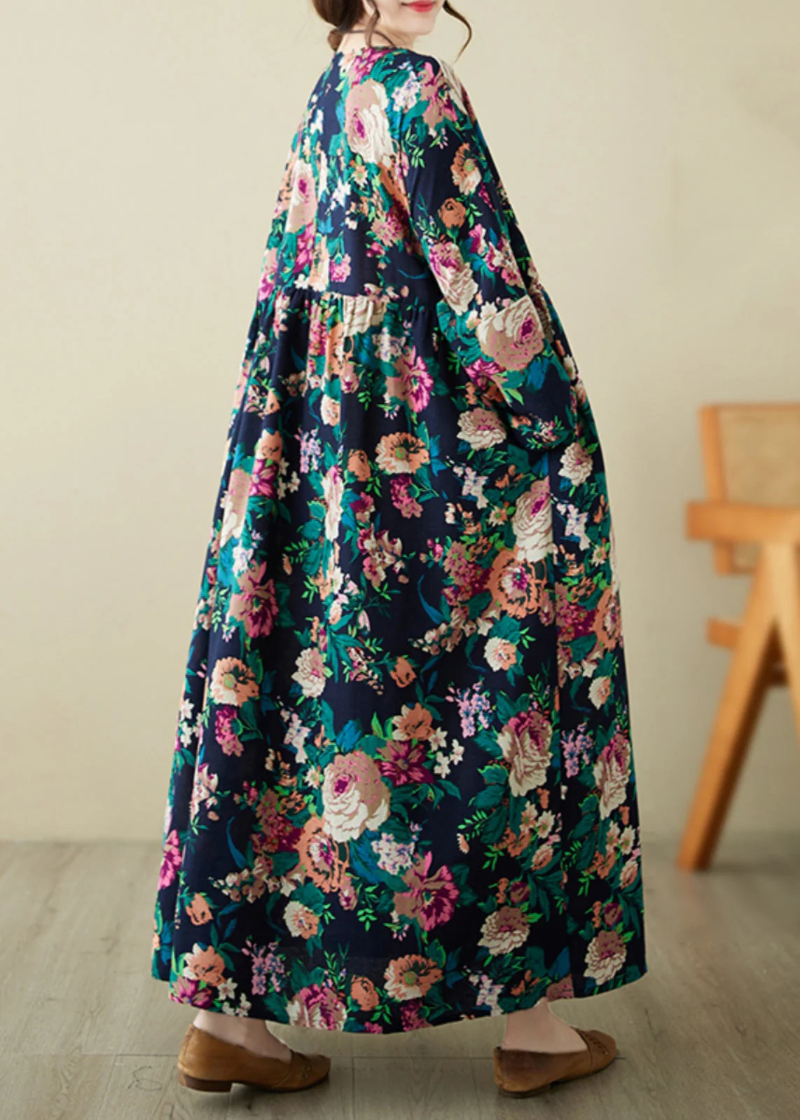 Retro Blue O-Neck Print Pockets Long Dress Spring - Image 4