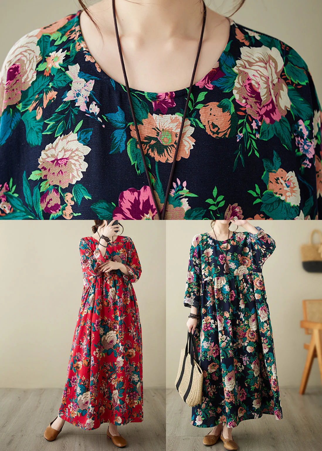 Retro Blue O-Neck Print Pockets Long Dress Spring - Image 5