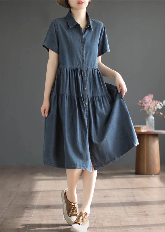 Retro Blue Patchwork Solid Silk Vacation Denim Long Shirt Dresses Summer - Image 2