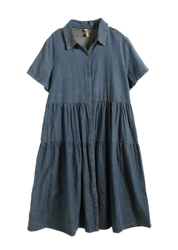 Retro Blue Patchwork Solid Silk Vacation Denim Long Shirt Dresses Summer - Image 5