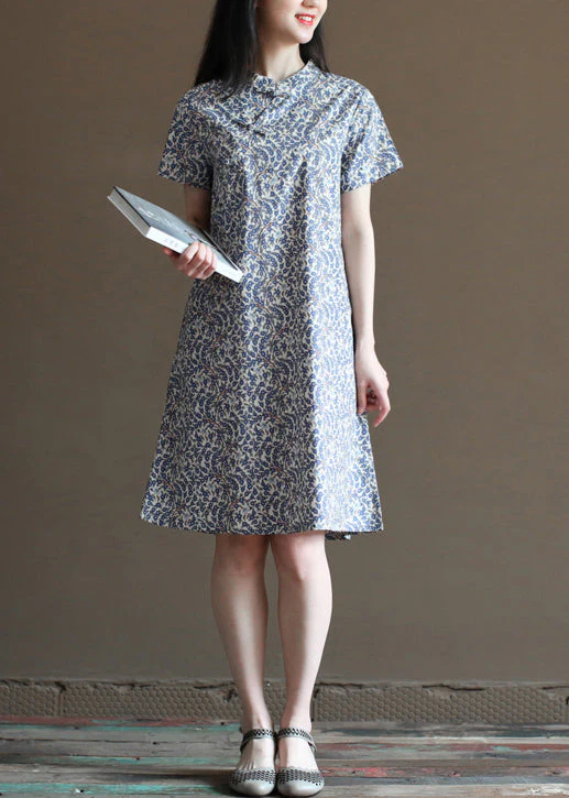Retro Blue Stand Collar Print Linen Chinese Style Dresses Short Sleeve - Image 2