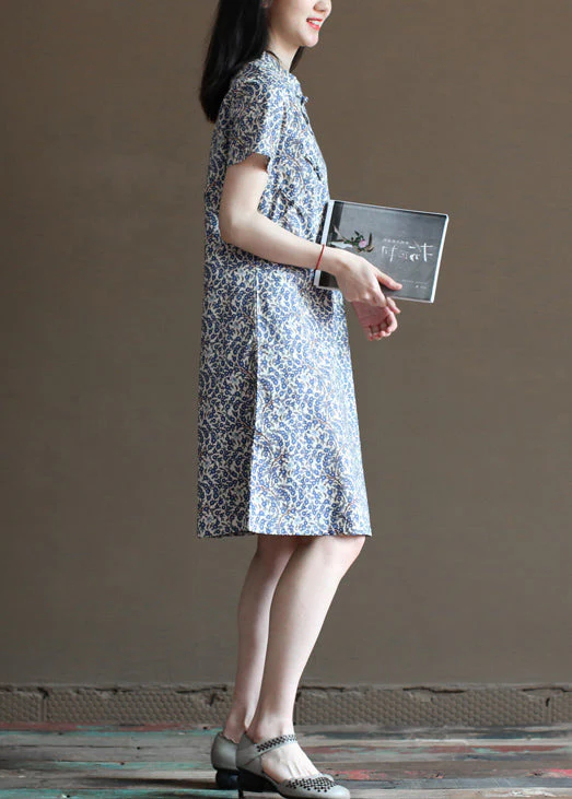 Retro Blue Stand Collar Print Linen Chinese Style Dresses Short Sleeve - Image 3
